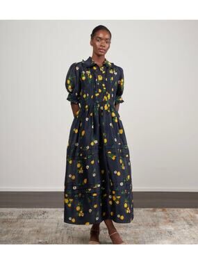 Lee Mathews Ketty Midi Dress - Navy Yellow Floral Print- Linen Silk Women’s